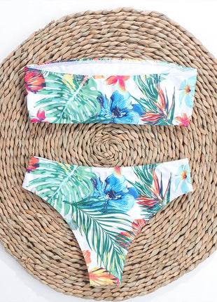 Costume da bagno due pezzi a vita bassa con stampa foglie rosa per donna - Bikini da spiaggia PlatiNum