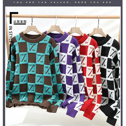 New Men's Fashion Round Neck Print Sweater Autumn Winter Contrast Color Printed Letter Long Sleeve Loose Casual Knitted Tops