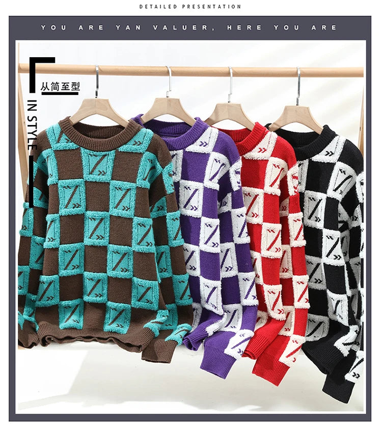 New Men's Fashion Round Neck Print Sweater Autumn Winter Contrast Color Printed Letter Long Sleeve Loose Casual Knitted Tops