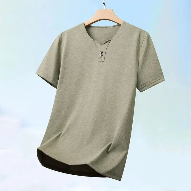2025 New Men's Business Casual Three Button V-neck Short Sleeved T-shirt Korean Style Summer Comfortable Versatile Top PlatiNum