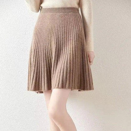 100% Merino Wool Mini Skirt Korean Women's AutumnWinter Fashionable Solid Color Elastic Waist Knitted Pleated Skirt PlatiNum