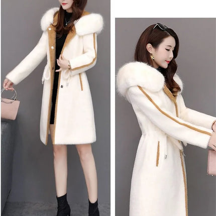 Imitation Mink Fleece Jackets Womens Autumn Winter Thicken Warm Hooded Woolen Coat High End Lady Gold Mink Velvet Wool Overcoat