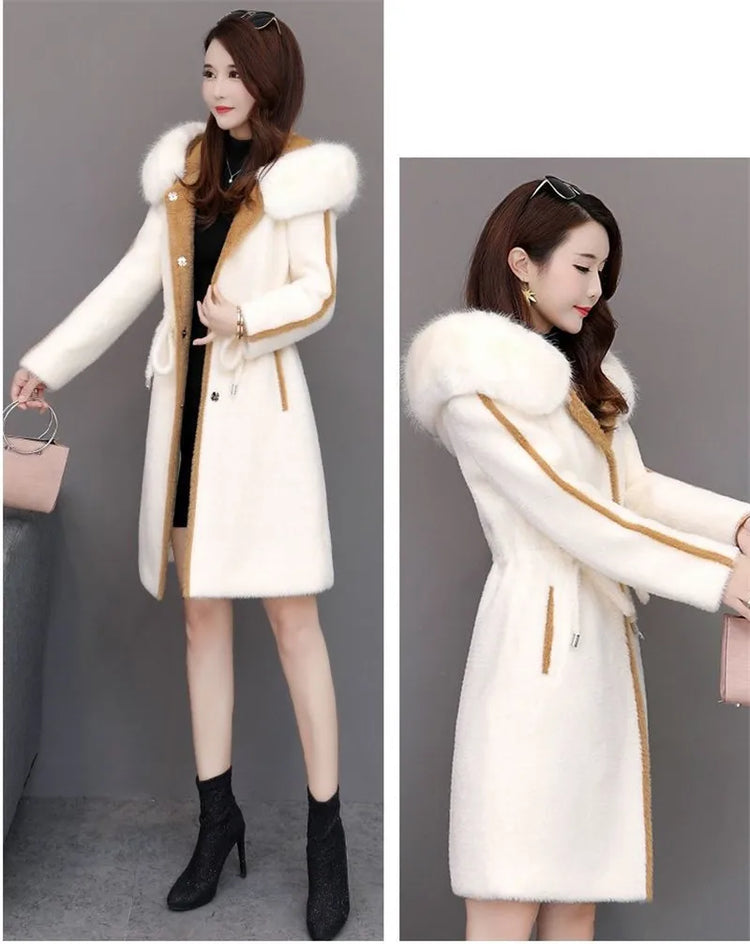 Imitation Mink Fleece Jackets Womens Autumn Winter Thicken Warm Hooded Woolen Coat High End Lady Gold Mink Velvet Wool Overcoat
