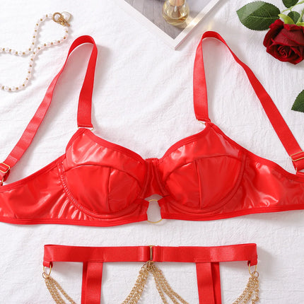 Foreign trade hot nightclub temptation metal chain sexy lingerie set spicy girl charming adjustable bra four piece set for women