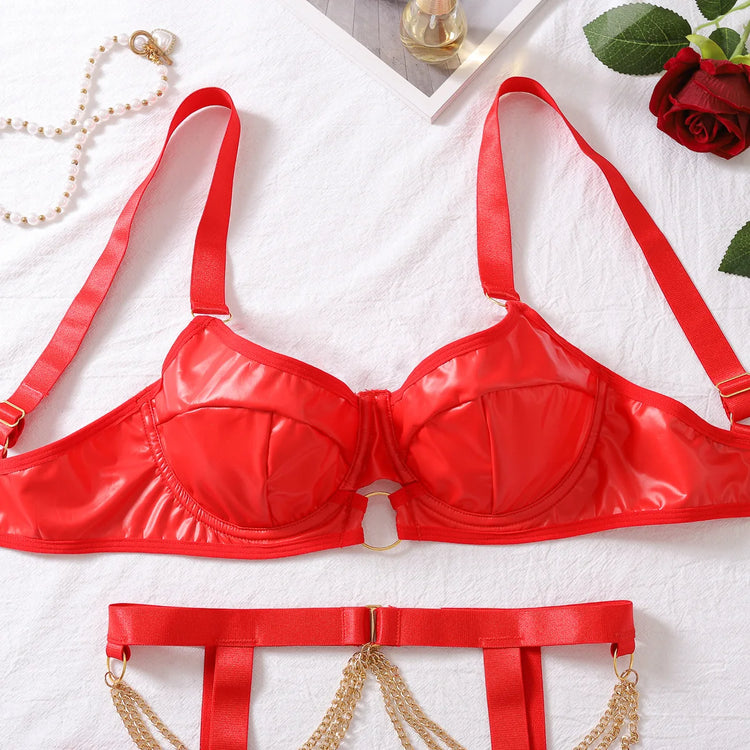 Foreign trade hot nightclub temptation metal chain sexy lingerie set spicy girl charming adjustable bra four piece set for women