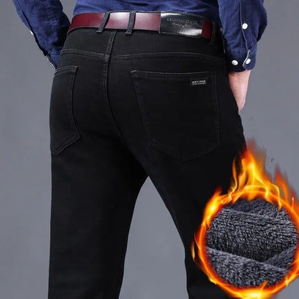 2025 New business casual Trousers Grey Fleece Men Clothes Black Elasticity Warm Winter Jeans Velvet Jeans