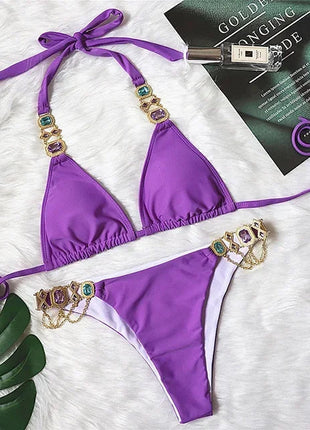 Catene di metallo con scollo all'americana Strass Diamante Bikini Costume da bagno donna Costumi da bagno femminili Due pezzi Bikini set Costume da bagno brasiliano Swim platinumshop