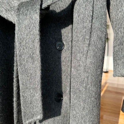 Korean Fashion Dark Gray Stand Collar 100%Wool Coat Women Long Winter Jacket