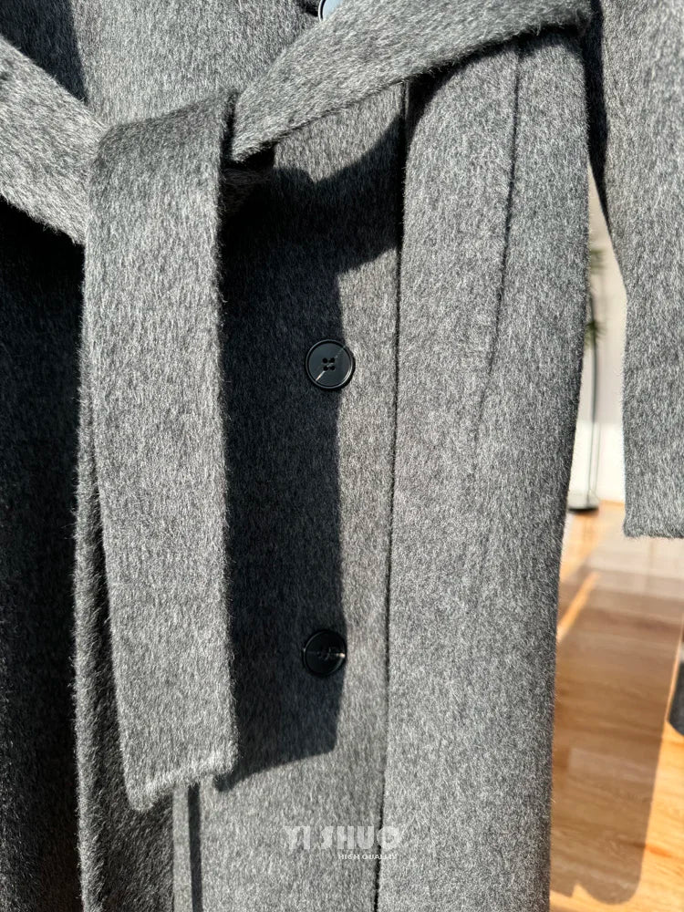 Korean Fashion Dark Gray Stand Collar 100%Wool Coat Women Long Winter Jacket