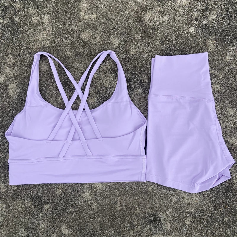 Yoga Shorts Set Gym Sports Set Women Workout Clothes 2 Piece Fitness Suit Cross Straps Bra High Waist Shorts Running Tracksuit