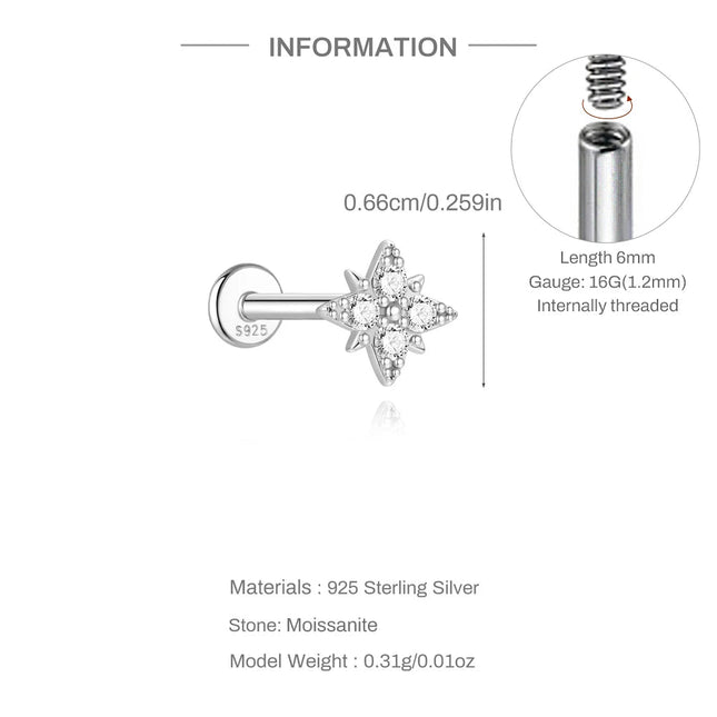 AIDE 1PC Sparkling Moissanite Piercing Stud Earrings 925 Sterling Silver Shining Circle Earring For Women Ear Bone Earring Jewel PlatiNum