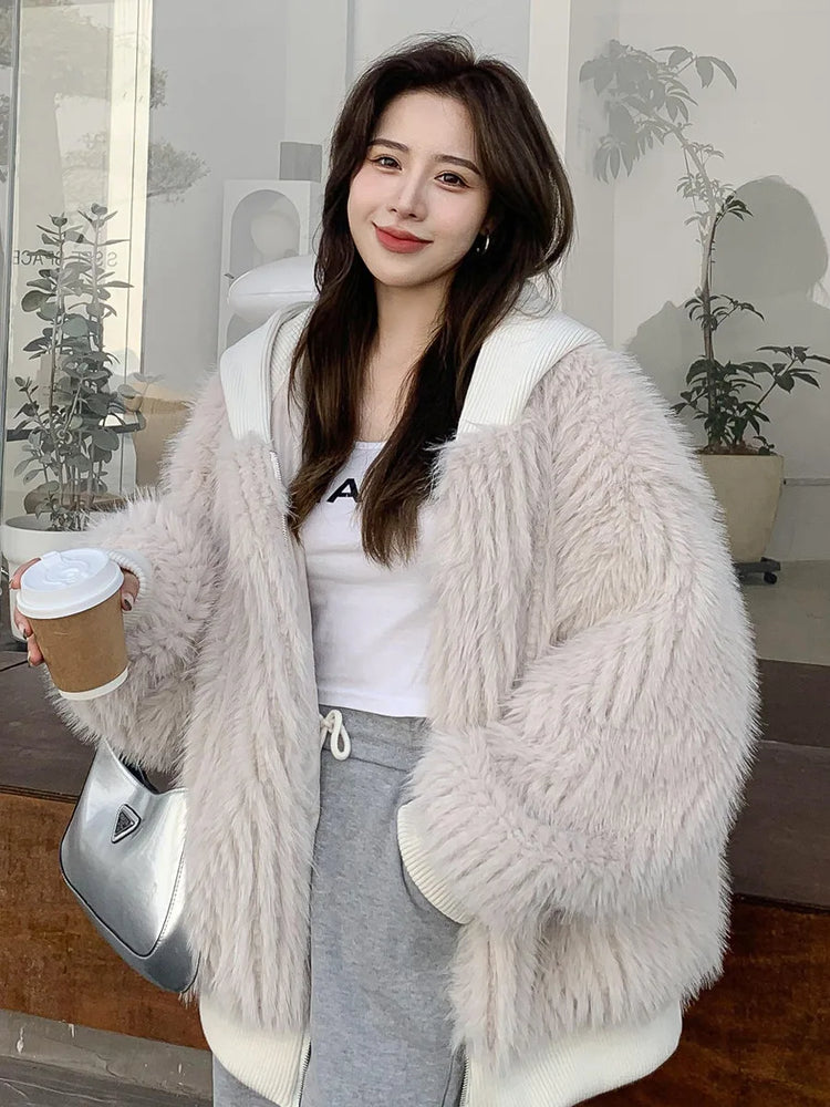 ZADORIN New Luxury Brands Trimmed Faux Fur Jacket Woman Fashion Hooded Casual Oversized Puffy Fox Fur Faux Coat Winter Clothes