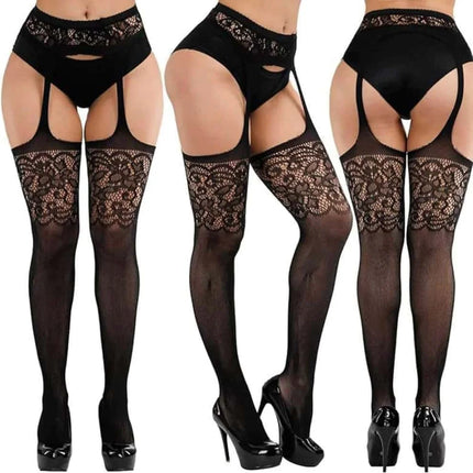 FREEAUCE Plus Size Hollow Mesh Fishnet Sexy sopra il ginocchio Calzini alti alla coscia Top in pizzo nero Stay Up Calze antiscivolo per le donne XXXL