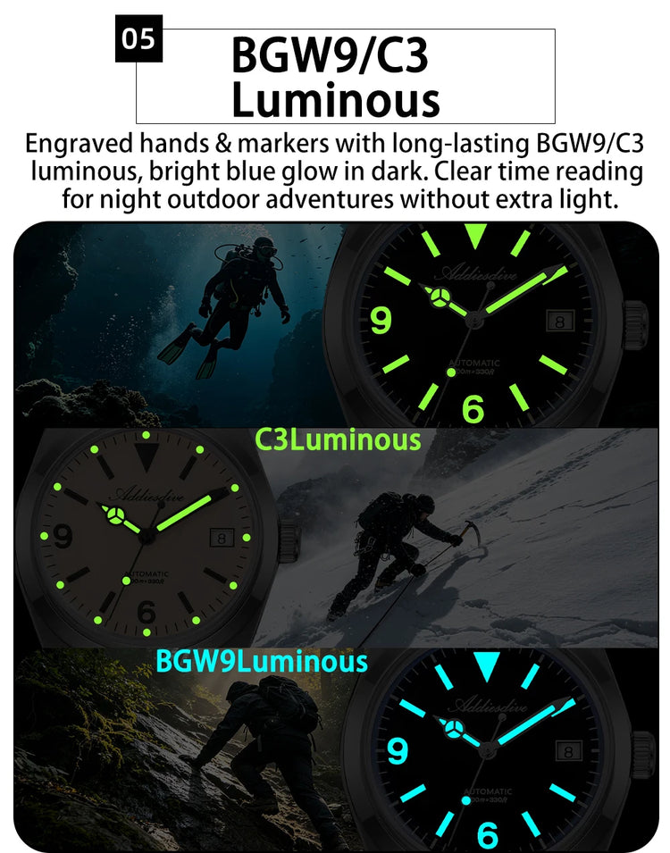 ADDIESDIVE AD2556 Men Luxury Automatic Watch ST2130 Movement 36mm Explorer Style Sapphire Bubble Crystal BGW9 Luminous 100M Wate