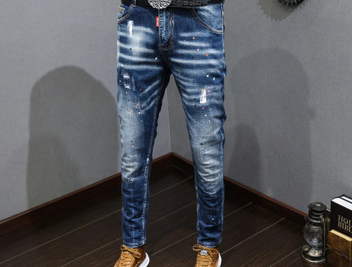 Fashion Designer Men Jeans Retro Blue Stretch Slim Fit Painted Ripped Jeans Men Korean Style Vintage Casual Denim Pants Hombre PlatiNum