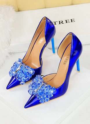 BIGTREE Scarpe con fiocco in strass Décolleté da donna Scarpe da banchetto di lusso Tacchi alti sexy Scarpe da festa con tacco a spillo da donna di grandi dimensioni 41 42 43