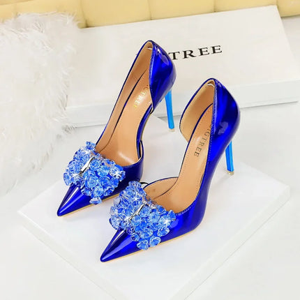 BIGTREE Scarpe con fiocco in strass Décolleté da donna Scarpe da banchetto di lusso Tacchi alti sexy Scarpe da festa con tacco a spillo da donna di grandi dimensioni 41 42 43