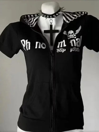 Japanese Gothic Vintage Punk Women Hoodie Striped Patchwork Cat Print Hollow Out Slim Long Sleeve Soft Pullovers 2025 Autumn New