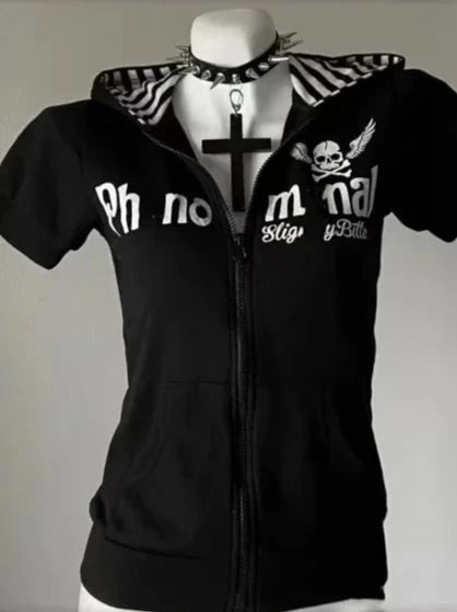 Japanese Gothic Vintage Punk Women Hoodie Striped Patchwork Cat Print Hollow Out Slim Long Sleeve Soft Pullovers 2025 Autumn New