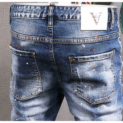 Fashion Streetwear Men Jeans Retro Black Blue Elastic Slim Fit Ripped Jeans Men Spliced Designer Embroidery Hip Hop Denim Pants PlatiNum