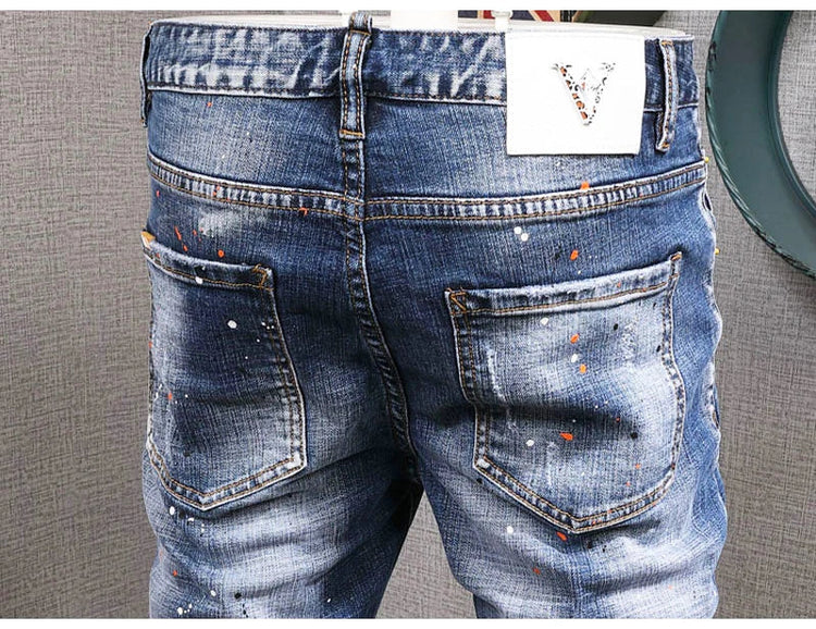 Fashion Streetwear Men Jeans Retro Black Blue Elastic Slim Fit Ripped Jeans Men Spliced Designer Embroidery Hip Hop Denim Pants PlatiNum