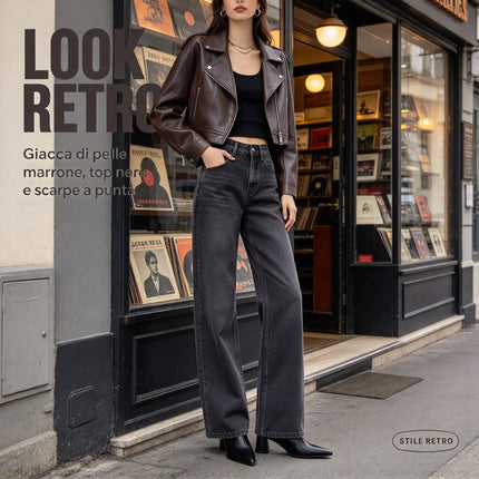 Women’s high-waisted, wide-leg jeans in smoky grey with a uniform wash; elegant, minimalist, relaxed-fit wide-leg denim, suitable for casual office wear and everyday outings FX-1338-5