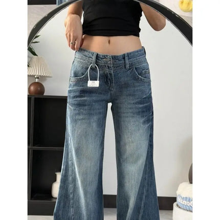 Nuovi jeans lavati a vita bassa taglienti vintage americani da donna Pantaloni in denim versatili con gamba larga svasata e lunghezza fino al pavimento