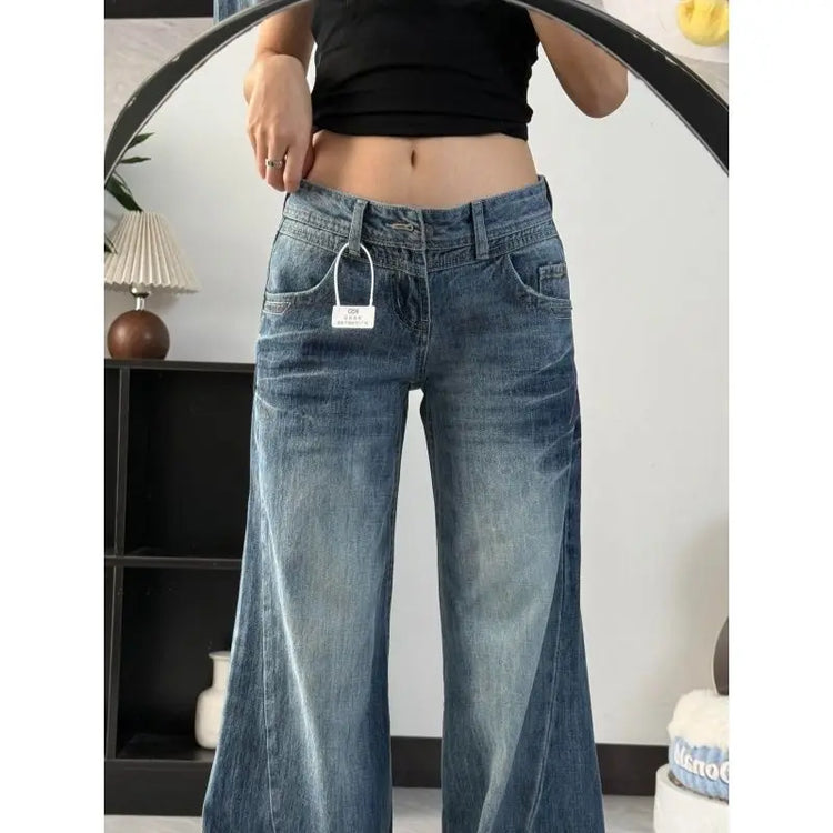 Nuovi jeans lavati a vita bassa taglienti vintage americani da donna Pantaloni in denim versatili con gamba larga svasata e lunghezza fino al pavimento