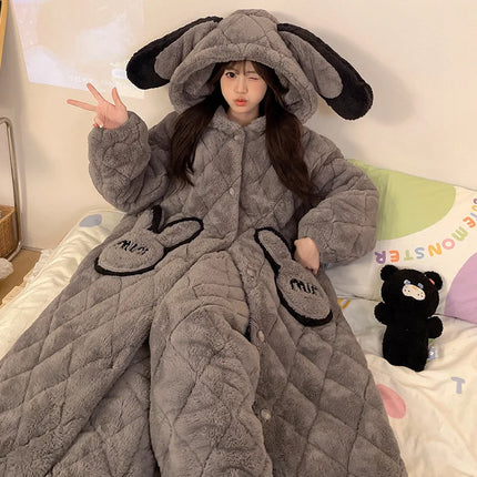 Women Winter Thickened Fleece Bathrobe Can Be Worn Outside Girls Student Hoodie Loose Pajama Two-piece Set Lady Warm Loungewear