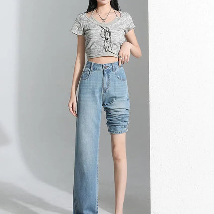 Jeans da donna in seta ghiaccio, nuovi, estivi 2026, in denim sottile e morbido, a gamba dritta e larga, modello baggy, versatili, blu ﻿