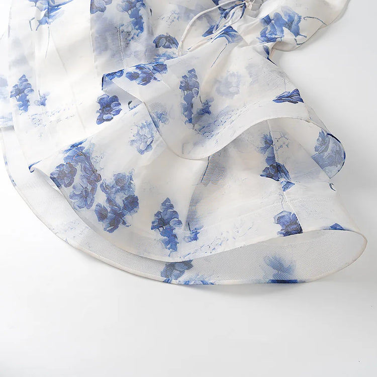 Elegante abito da ballo con maniche a sbuffo con stampa floreale Mini abito da donna Fiore 3D con scollo a V Abiti da spiaggia estivi Abiti da sera chic per le vacanze