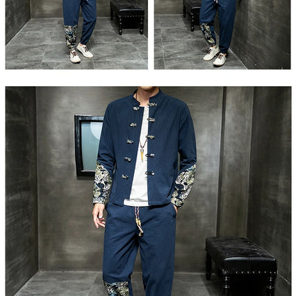 Completo Due Pezzi da Uomo, Nuovo Stile Primaverile in Lino, Comodo Completo Retrò Tang in Cotone Patchwork, Camicia Casual e Giacca Stampata Kung Fu