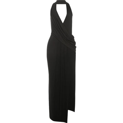 Nibber Criss Cross Collar Summer Dress Women Halter V-Neck Backless Side Slit Solid Sleeveless Slim Sexy Vacation Prom Party Dresses
