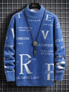 New Men's Blue Pullover Sweater American Classic Men's Black Sweater Color Blocked Warm Top Fashionable Men's Clothing 2025 New