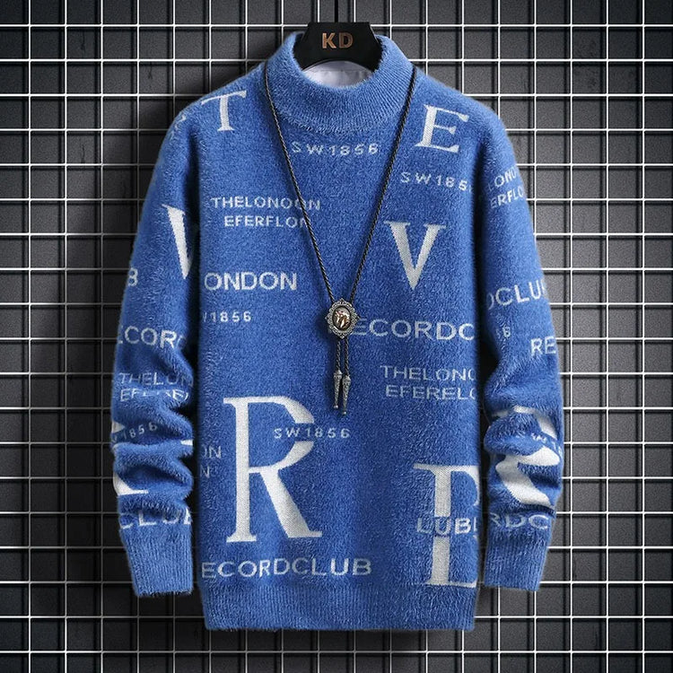 New Men's Blue Pullover Sweater American Classic Men's Black Sweater Color Blocked Warm Top Fashionable Men's Clothing 2025 New
