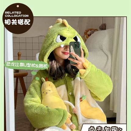 Cartoon Animal Fox Pajamas Women's Winter Coral Fleece Thickened One-Piece Plush Cute Long Hooded Plus Size Robe Home Wear