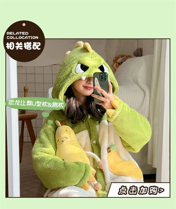 Cartoon Animal Fox Pajamas Women's Winter Coral Fleece Thickened One-Piece Plush Cute Long Hooded Plus Size Robe Home Wear
