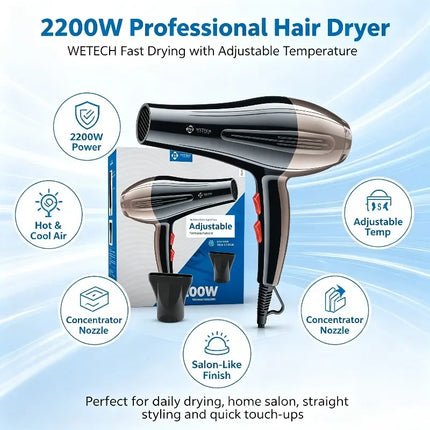 2200W Professional Hair Dryer AC100-240V Adjustable Temperature Speed Cold Shot Blow Dryer With Concentrator Nozzle Salon Home Travel Hair Styling Tool