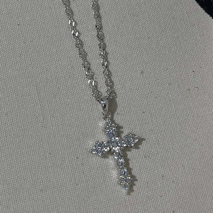 Shiny Crystal Zircon Cross Pendant Necklace for Women Girls Punk Silver Color Thin Chain Necklace Party Jewelry Birthday Gift PlatiNum