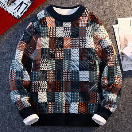 New Fashion Men Plaid Pullover Winter Sweaters Outwear Loose Casual Knitted Sweaters Male O-neck Pullovers Sweatercoats Size 4XL