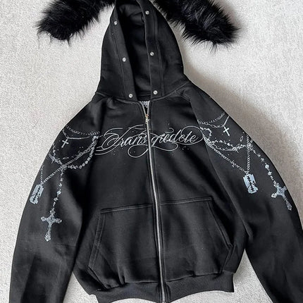 Winter Fashion Streetwear Women's Gothic Punk Faux Fur Hooded Jacket With Cross Print Trendy Edgy Zip - Up Sweatshirt 2026 New