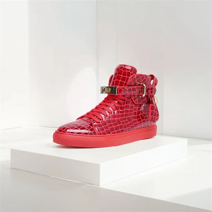 Men Red Crocodile Pattern High Top Sneakers Glossy Patent Leather Metal Buckle Lace-up Casual Shoes Streetwear Male Footwear