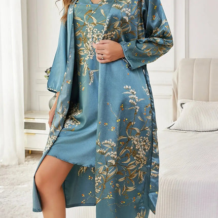 ‌   Set di indumenti da notte floreali in raso di seta, abito con cintura, canotta, camicia da notte, indumenti da notte eleganti in due pezzi, per tutte le stagioni platinumshop