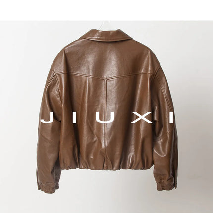 Soft Sheepskin Genuine Leather Cropped Jacket Women Lapel Zip Up Snap Button Side Pockets Casual Autumn Real Leather Outerwear