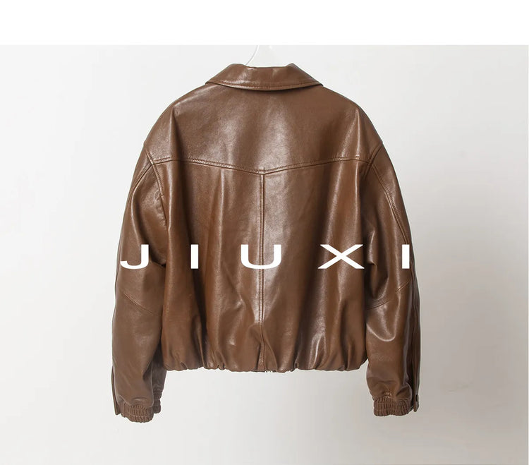 Soft Sheepskin Genuine Leather Cropped Jacket Women Lapel Zip Up Snap Button Side Pockets Casual Autumn Real Leather Outerwear
