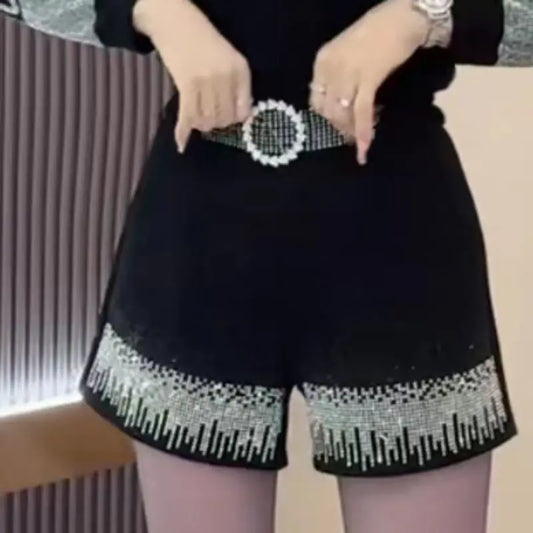 Women Korean Fashion Rhinestone Black High Waist Short Pants Autumn Winter Female Elegant Chic Pockets Slim Thick A-line Shorts