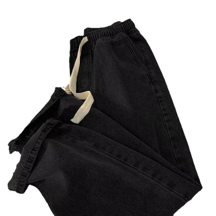 Loose Fit Men's Elastic Waist Jeans with Rope 9-Tenths Straight Leg Korean Style Trendy Versatile Large Size Nine-Piece Pants PlatiNum