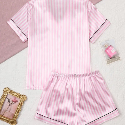 Pigiama da donna in raso di seta Set da studente a maniche corte Homewear Cardigan in due pezzi Risvolto Senso senior di strisce rosa di grandi dimensioni platinumshop