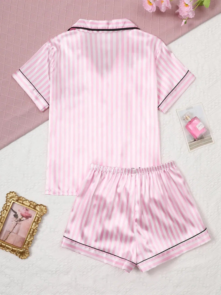 Pigiama da donna in raso di seta Set da studente a maniche corte Homewear Cardigan in due pezzi Risvolto Senso senior di strisce rosa di grandi dimensioni platinumshop