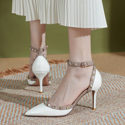 【Misurati la lunghezza dei piedi prima di ordinare】Scarpe da donna eleganti e di lusso con rivetti, sexy, con tacco alto e sottile, modello 62-CHC-33 platinumshop